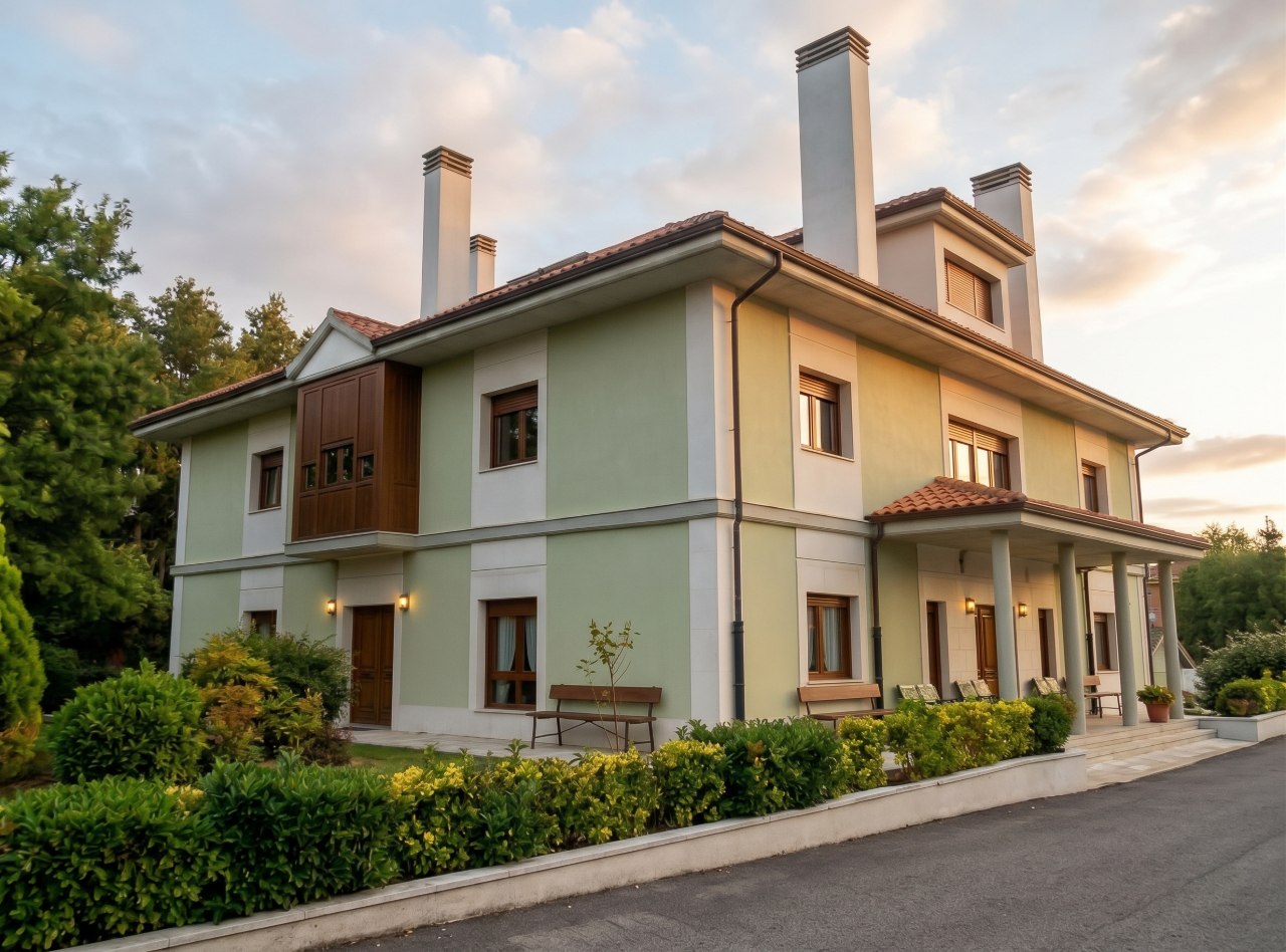 La Casa de Acogida de La Guía al atardecer, con la fachada verde, el porche y el jardín de la entrada.
