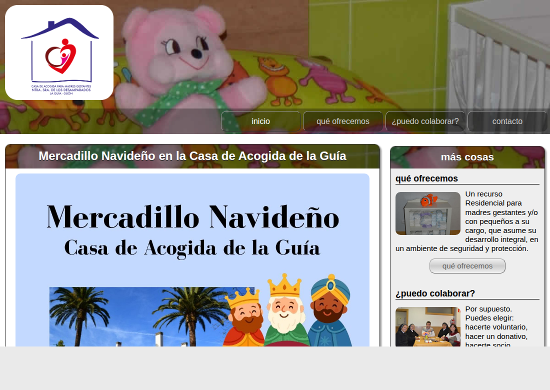 La portada de la web antigua de la Casa de Acogida: su logo sobre la foto de un osito de peluche rosa y el menú de cuatro páginas.